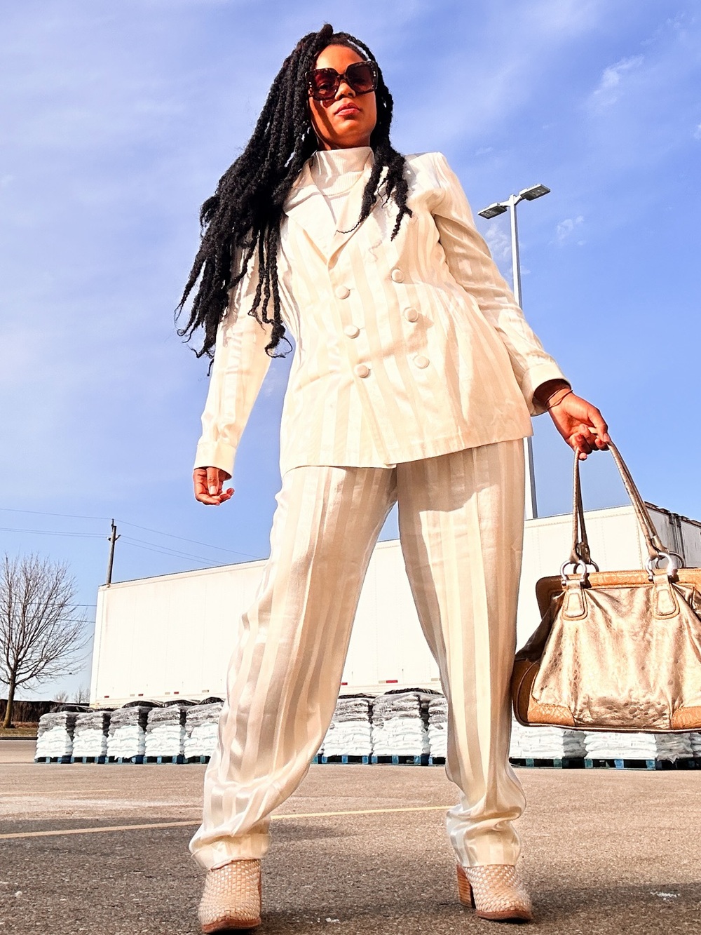 Vintage Cream Pinstripe Double-Breasted Blazer & Trousers - Picture 1 of 4